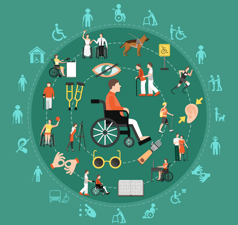 Photo with graphics relating to accessibility with a green background. 
